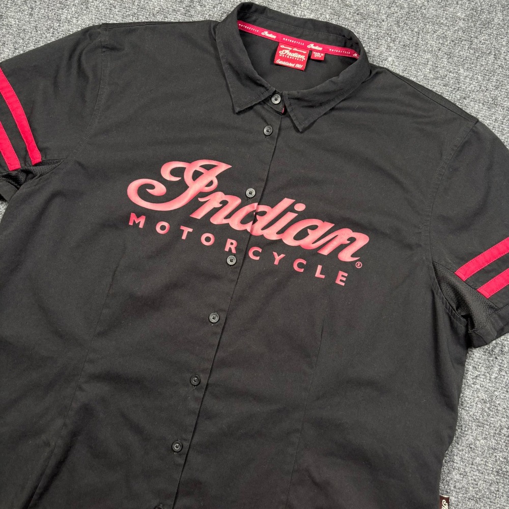 Indian Motorcycle Shop Shirt Womens 2XL Black Short Sleeve Button Up